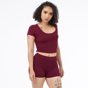 Burgundy Basic Lounge Shorts & Crop Top Set